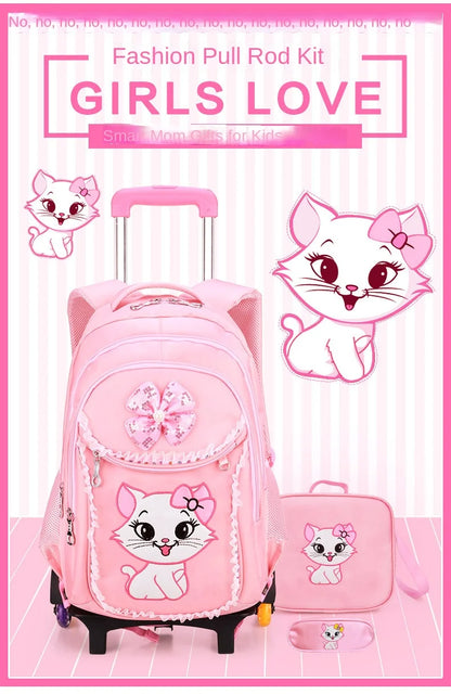 Children School backpack for Girls Cute Cat School Students Backpack For Kids Wheeled Backpack Bag Trolley School Bags On Wheels