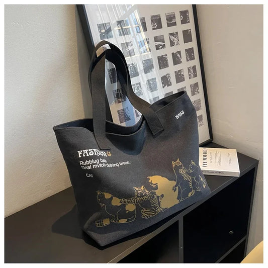 Canvas Totes Large Capacity Storage Handbag Women Tote Anime Cat Letters Shoulder Bags Girls Casual Commute Bag Portable Big Bag