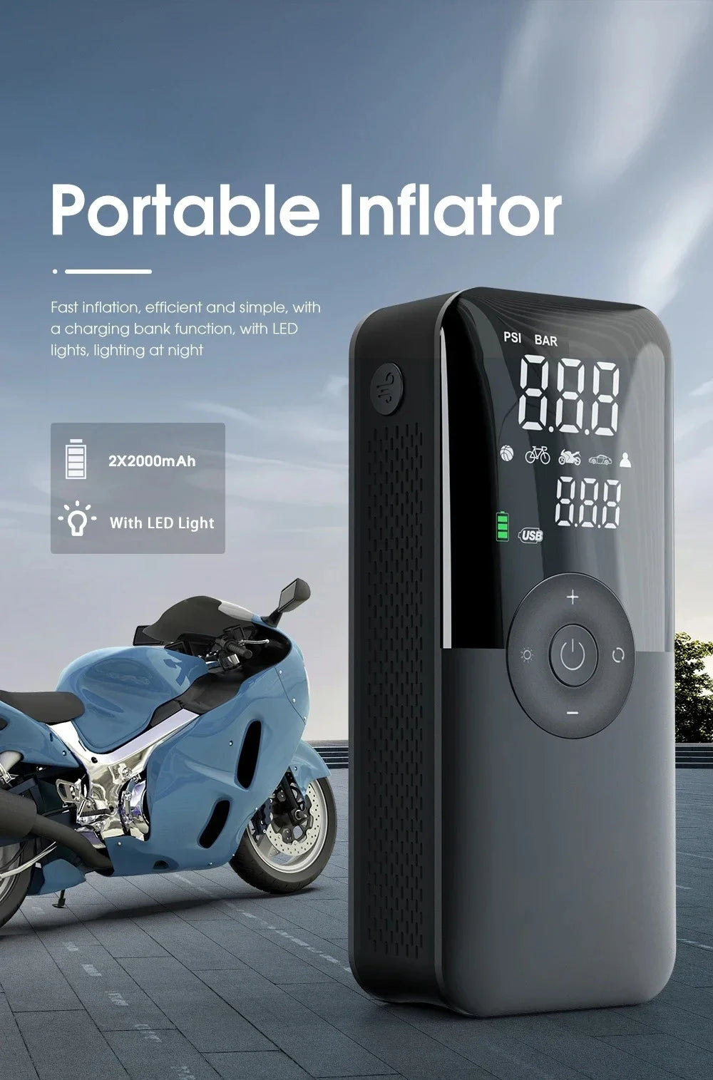 12V Air Pump for Car and Motorcycle - Portable Tyre Inflator Electric Pump Air Compressor for Cars, Motorcycles, and Bicycles