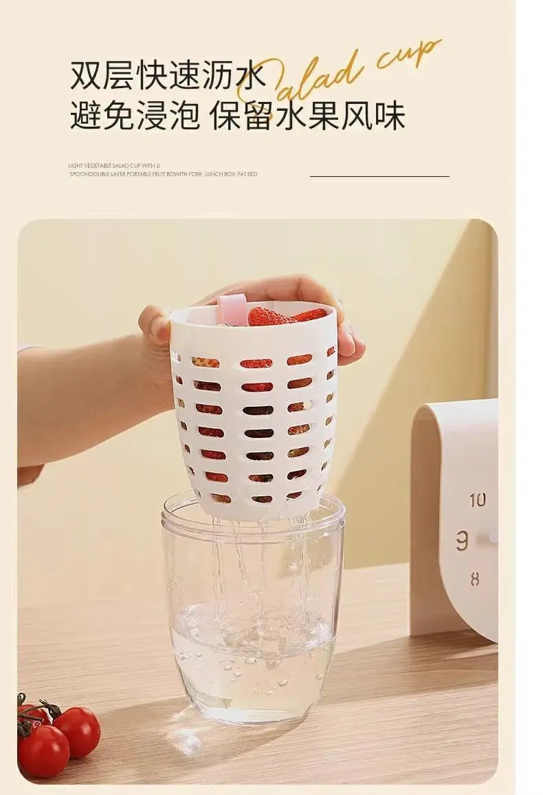 Salad Cup With Fork Cylindrical Plastic Fruit Cup Multifunctional Drainage Function Salad Container, Portable Lunch Box