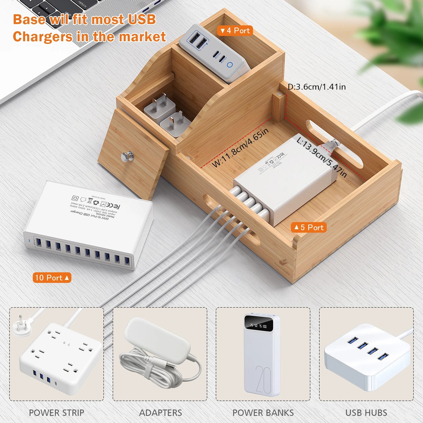 Bamboo Charging Station for Multiple Devices Desktop Organizer for Phones Tablet Wooden Docking Stations