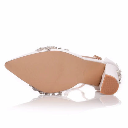 2025 Thick Heel Pointed Toe Shoes Large Size  Thick Heel Sandals Women Rhinestone Wedding Shoes Women White Wedding Shoes Drill