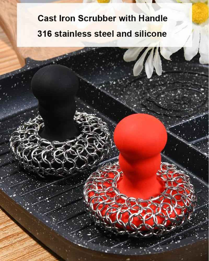 Chainmail Scrubber with Silicone Handle Cast Iron Cleaner for Cast Iron Grill Pan Skillet Wok Bakeware Cast Iron Scrubber