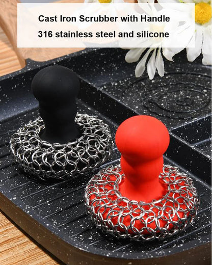 Chainmail Scrubber with Silicone Handle Cast Iron Cleaner for Cast Iron Grill Pan Skillet Wok Bakeware Cast Iron Scrubber