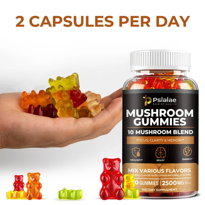 Mushroom Gummies - 10 Mushroom Blend, Nootropic Brain Booster for Focus, Memory, Clarity and Energy