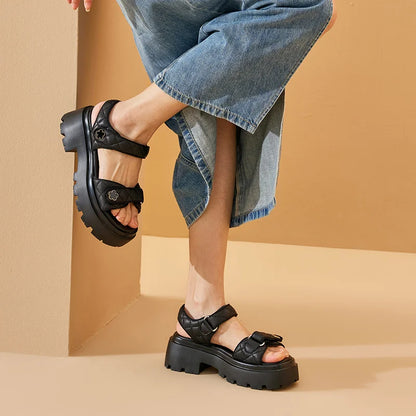 BeauToday Leather Sandals Women Soft Sheepskin Floral Ornament Hook Loop Summer Fashion Ladies Platform Shoes Handmade 38195