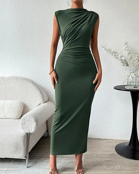 Women's Ruched Bodycon Dress Summer Casual Sleeveless Back Slit Elegant Club Evening Party Cocktail Maxi Dresses
