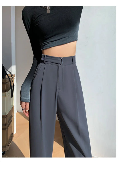 Office Ladies Casual Suit Wide Leg Pants Women Elegant 2025 Spring Summer Fashion Solid Color High Waist Loose Outwear Trousers