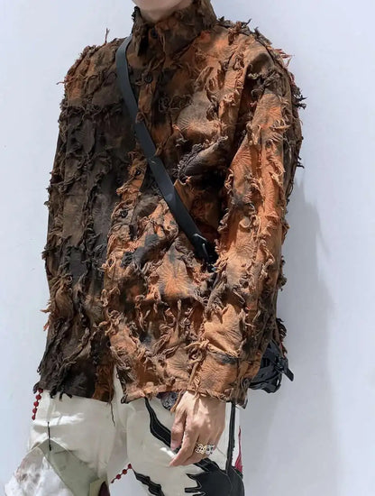 PFHQ Tie Dye Patchwork Shirts Men's Turn-down Collar Long Sleeve Tops Personalized Single Breasted Tassel Male Clothing 21Z9142