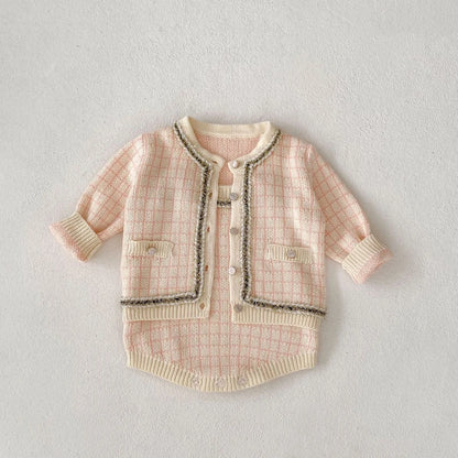 New autumn clothing for babies aged 0-3, featuring a plaid small fragrant style long sleeved sweater and jumpsuit