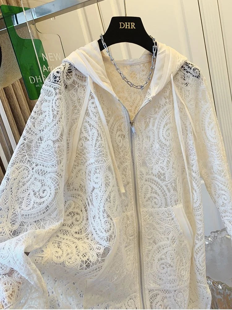 Oversized Tops Temperament Coat Women's Clothing Hooded Lace Hollow Out Outwear 2025 Ropa Mujer Casual Summer Fashion Jackets