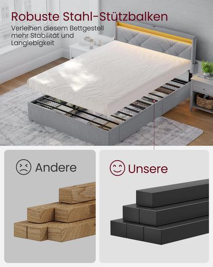 VASAGLE Upholstery bed double bed frame bed frame Metal bed (LED, 4 drawers, charging station