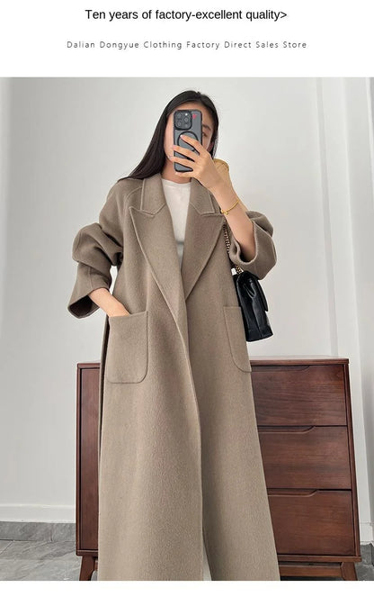 Office Lady Woolen Jackets 2024 Autumn And Winter Bathrobe Style Pocket Double-Sided Loose Lace -Up Tie Women's Long Wool Coats