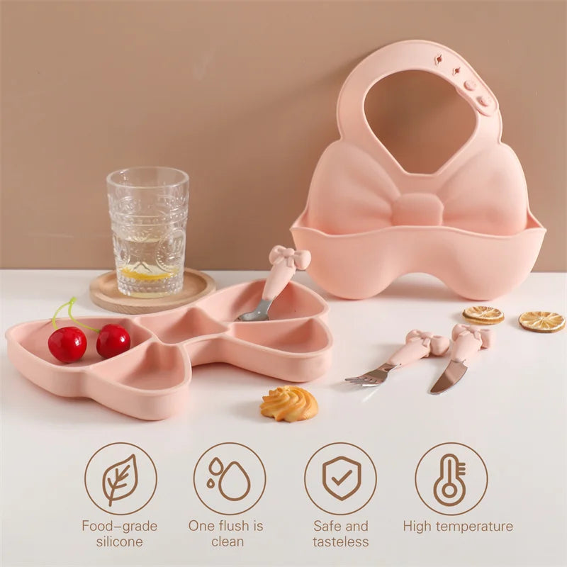5Pc-Set Baby Cute Silicone Dining Plate Spoon Set for Baby Feeding Bow Bibs Straws Pad Fork Spoon Maternal Infant Supplies Gifts