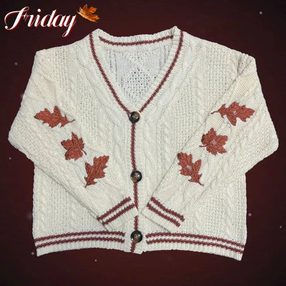 Autumn Leaves Cardigan Women Beige Knitted Cardigans with Red Maple Leaf Embroidery Folklore Girl Oversized Sweaters Tops Y2k