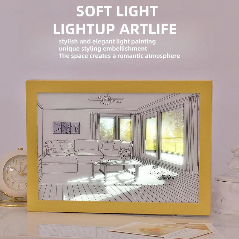 Beautiful LED Light Painting Indoor Sunlight Window Wooden Photo Light Dimming Wall Artwork Table Lamp Home Decor Night Lamp