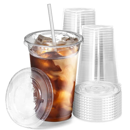 50pcs/Set 12/16OZ Plastic Cups With Lids Disposable Cups For Iced Coffee Smoothie Milkshake Cold Drinks Birthday Party Supplies