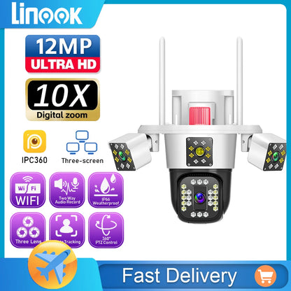 Linook WiFi surveillance camera, 12MP, 6K, 360,3 lenses, CCTV outdoor WiFi camera, IP camera, PTZ security camera