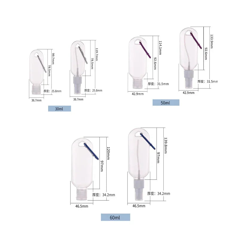 10Pcs 30/50/60ml Clear Travel Plastic Keychain Refillable Bottles Empty Spray/Flip Bottles Portable Mini Leakproof Containers
