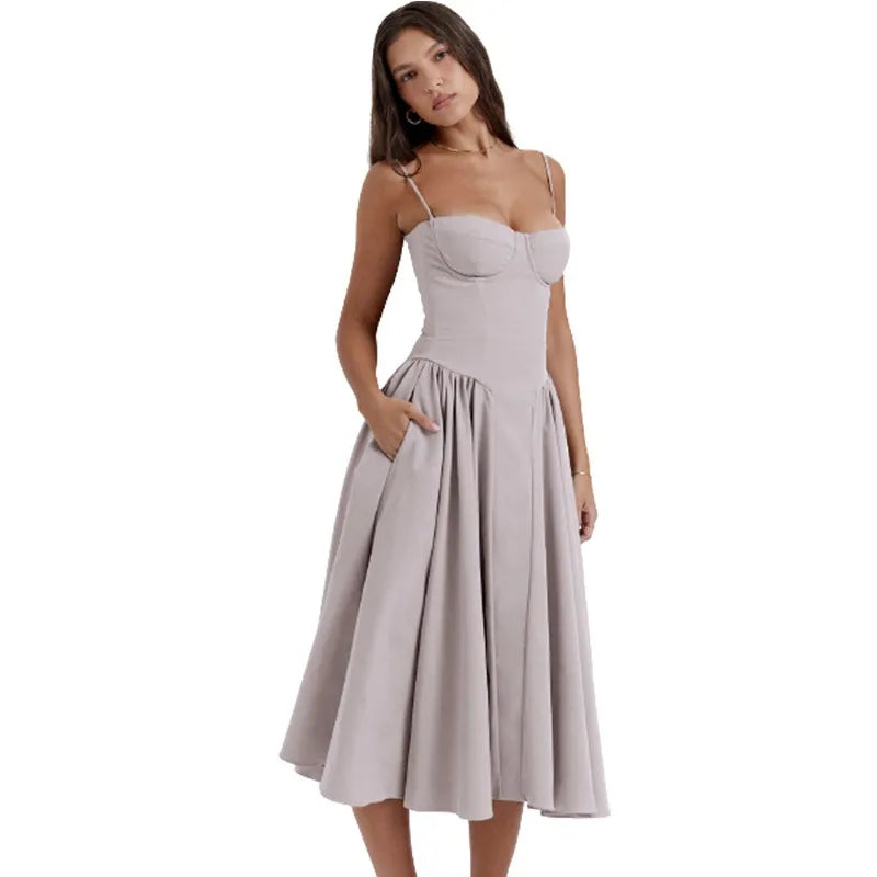Spring Summer New Women's Clothing Solid Color Strap French Retro Dress Sleeveless Long Maxi Dresses