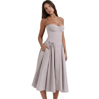 Spring Summer New Women's Clothing Solid Color Strap French Retro Dress Sleeveless Long Maxi Dresses
