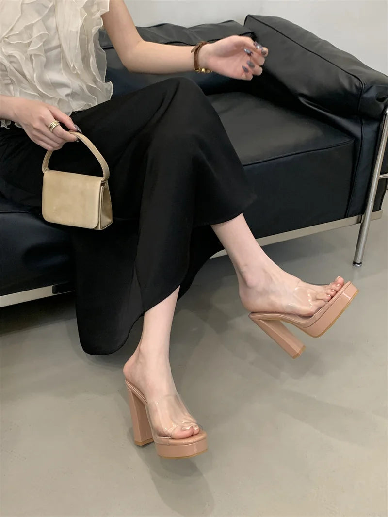 Liyke Summer Square Toe 12CM Thick High Heels Platform Slippers Ladies Chunky Sandals PVC Transparent Shoes Women Zapatos Mujer