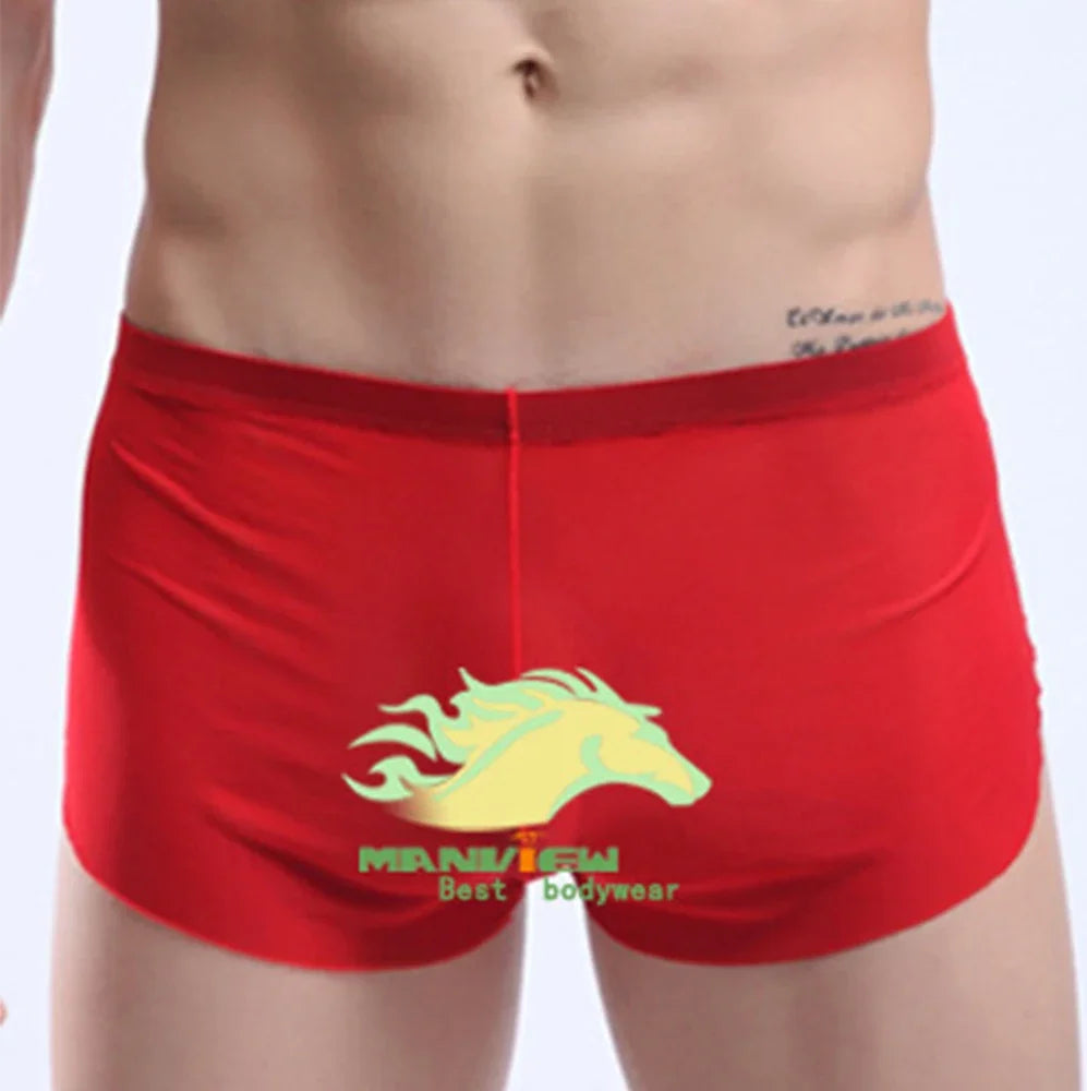 Mens Sexy Underwear Wet Look Lingerie Breathable Pouch Boxer Shorts Side Split Trunks Quick Dry Underpants Ultra Thin Panties
