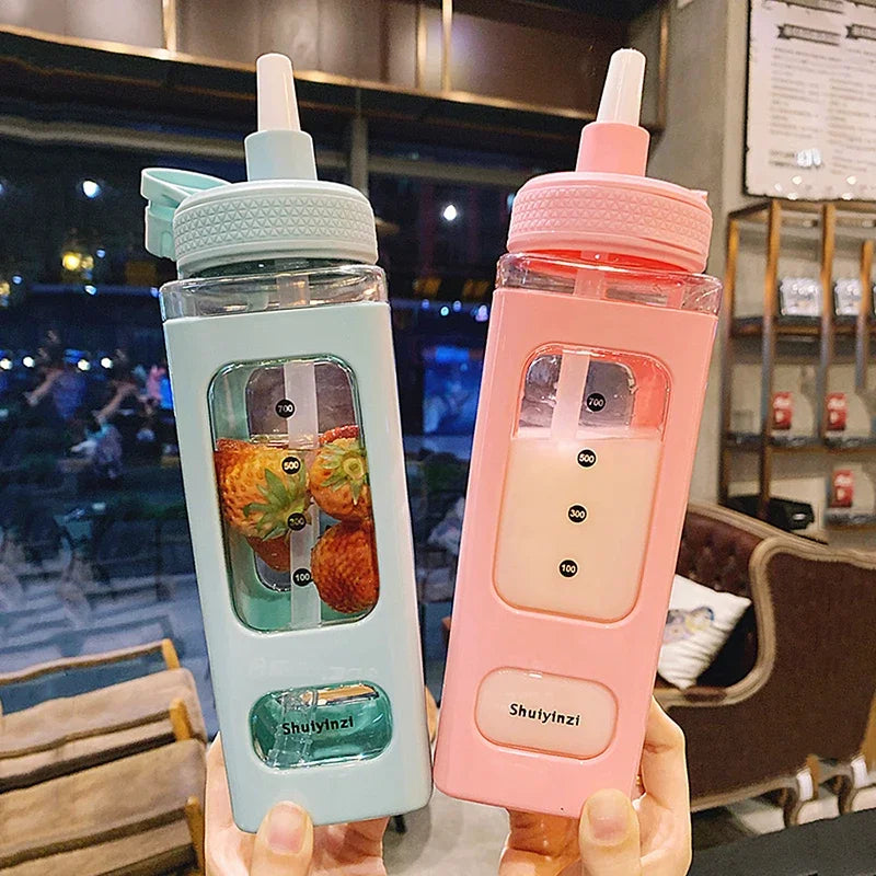 700ml Square Plastic Water Bottles Creative Summer Straw Bottle Outdoor Sport Shaker Travel Tea Juice Milk Portable Drink Bottle