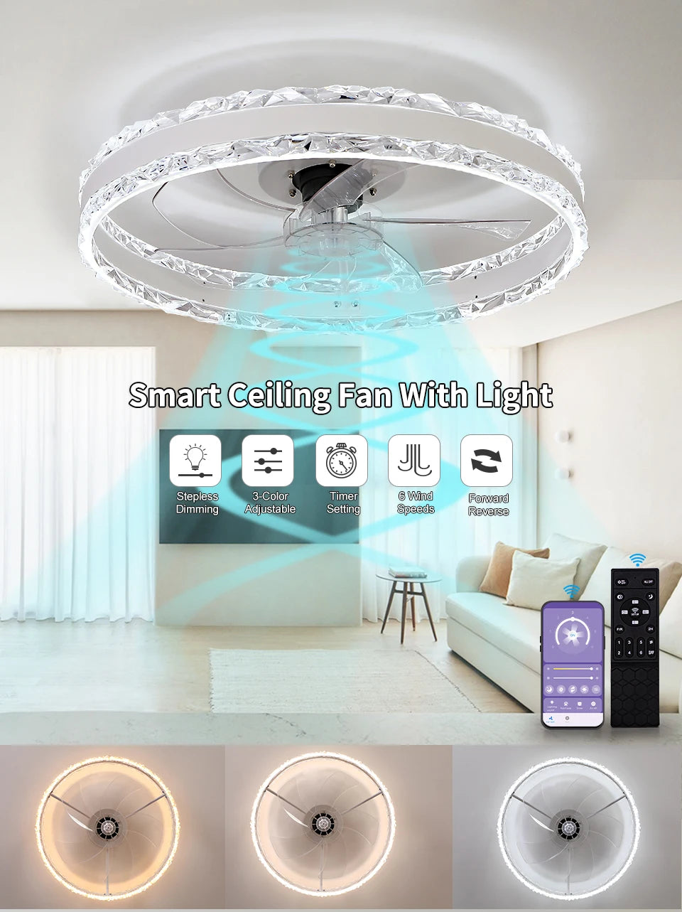 Smart Ceiling Fans With Light Slim Build Dimmable 6-speed Adjustment 50cm Electric Fan Silent Deco For Bedroom Study Dining Room