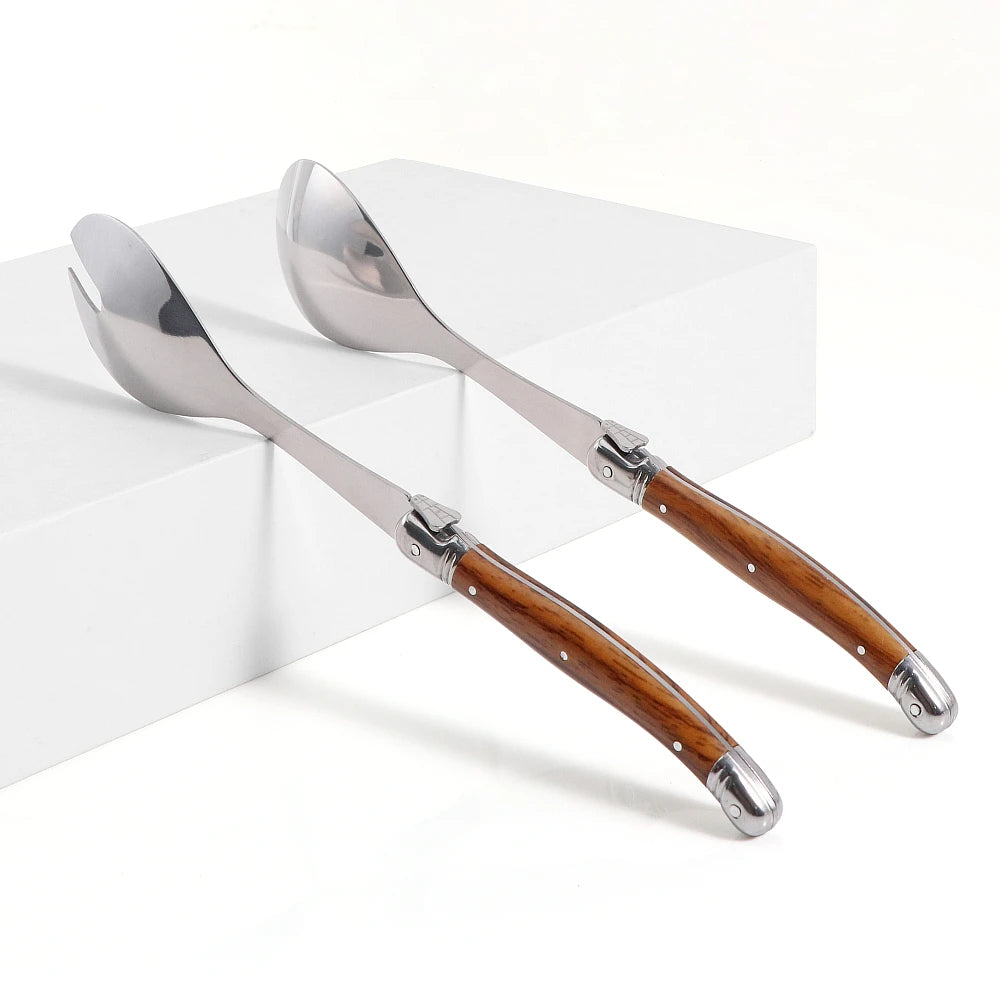 2pc/Set Stainless Steel Salad Spoons Laguiole Style Salad Stirring Spoon Slotted Spoon Wood Grain Plastic Salad Serving Utensils