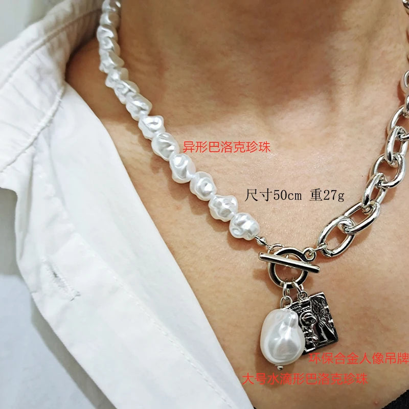Fashion Irregular Baroque Pearl Golden Chain Necklace Women Jewelry Vintage Geometric Pendant Necklace for Women Accessories