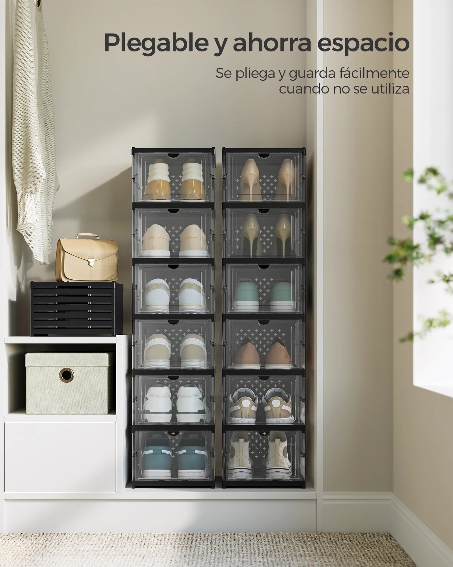 SONGMICS Shoe Boxes, Set of 12 Stackable Shoe Organizers, Set of 2 Foldable and Portable Shoe Racks, up to Size 46