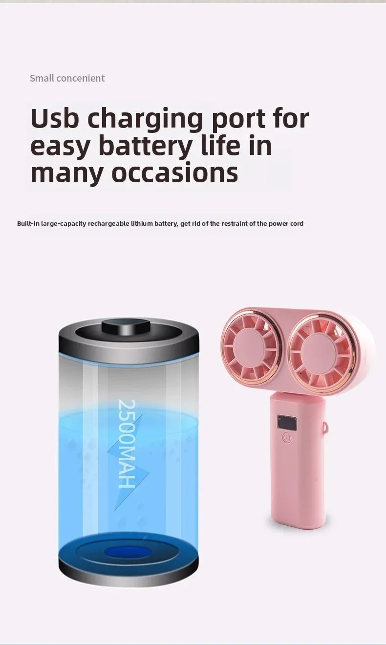New Handheld USB Small Fan Double-headed Handheld Fan with Long Battery Life Mini Rechargeable Portable Electric Fan.