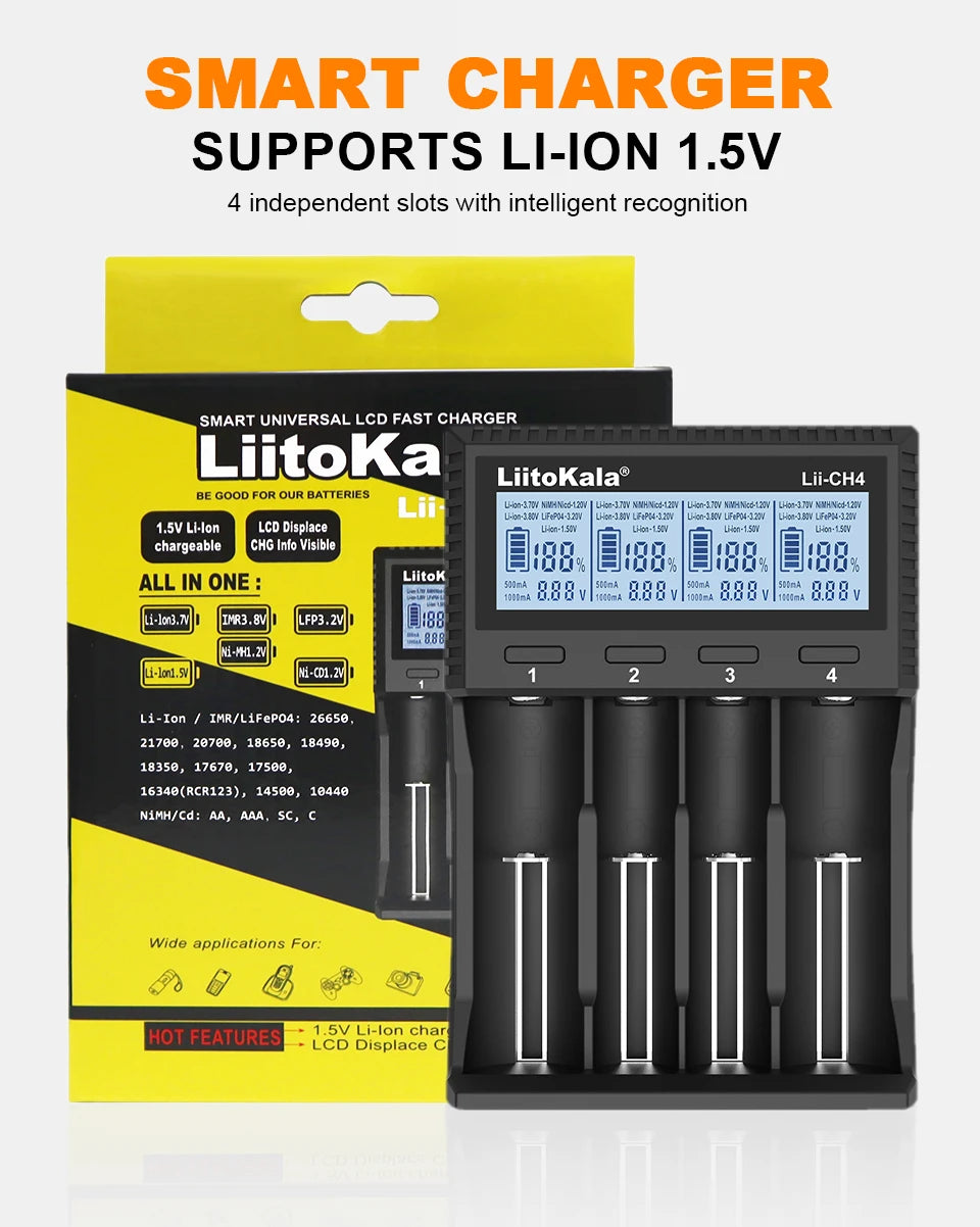 LiitoKala Lii-M4 Lii-CH4 18650 Charger LCD Display Universal Smart Charger Test Capacity 26650 18650 21700 AA AAA Battery 4slot