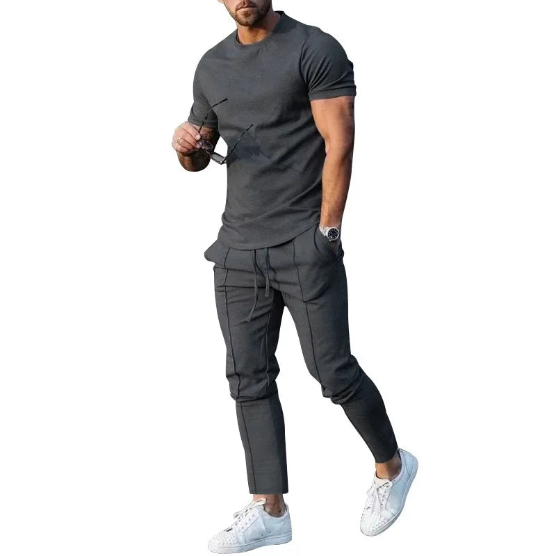 Sports Set Mens Fall 2023 Summer Solid Casual Round Neck Short Sleeve Sports T-shirt Two Piece Set for Men