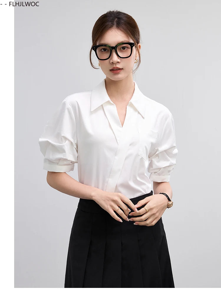 Office Lady Basics Fashion White Shirts New Women Summer Work Solid V Neck Tops Blouses French Design Interview Shirt Cotton