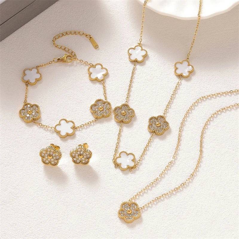 316L Stainless Steel 2025 New Fashion Fine Jewelry Set Zircon 5-Leaf Flowers Charm Chain Necklaces Bracelets Earrings For Women