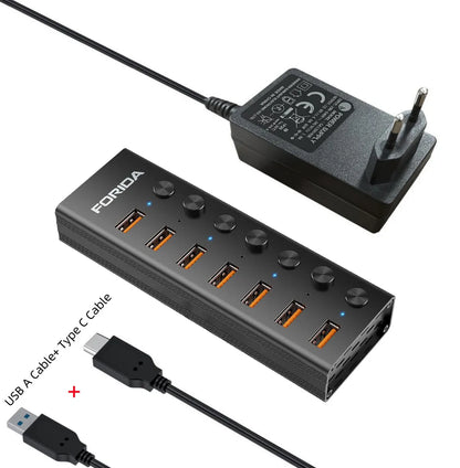 FORIDA USB C Hub 3.2 10Gbps 4/7 Port Aluminium Alloy Docking Stations Splitter LED Switches Adapter for MacBook Laptop Phone