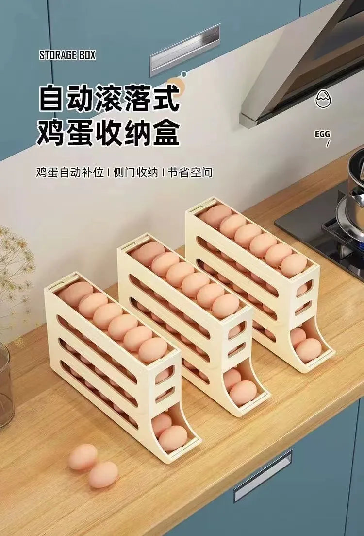 4 Tier Egg Storage Box Organizer for Refrigerator Rolling Egg Organizer Holder Fridge Storage Organizer Food Storage Container
