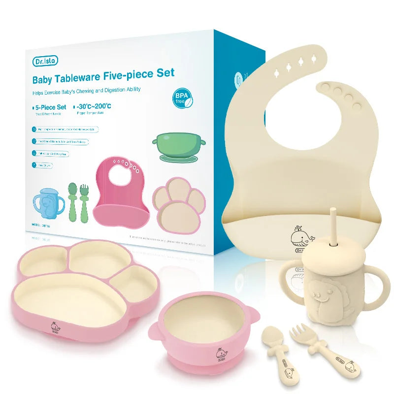 MAMIJOY  High Quality Children's Dishes Set Baby Silicone Tableware Sucker Bowl Bib Cup Fork Spoon Set Infant Supplies BPA Free