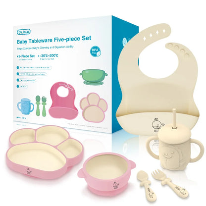 MAMIJOY  High Quality Children's Dishes Set Baby Silicone Tableware Sucker Bowl Bib Cup Fork Spoon Set Infant Supplies BPA Free