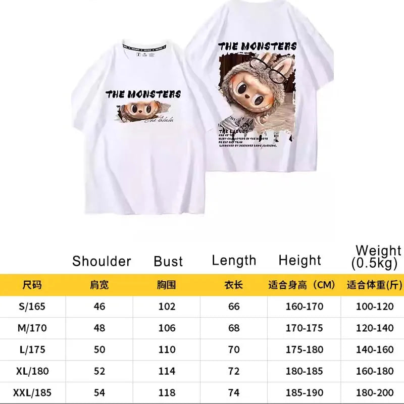 LABUBU The Monsters T-Shirt Cartoon Print Pure Cotton Short-Sleeved Top Couple Versatile Casual Trend Clothes For Adult Gift
