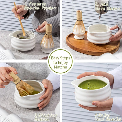 1set Japanese Matcha Set, White Mouth with Matcha Bowl and Matcha Whisk Set Tea Set, Gift for Matcha Lovers