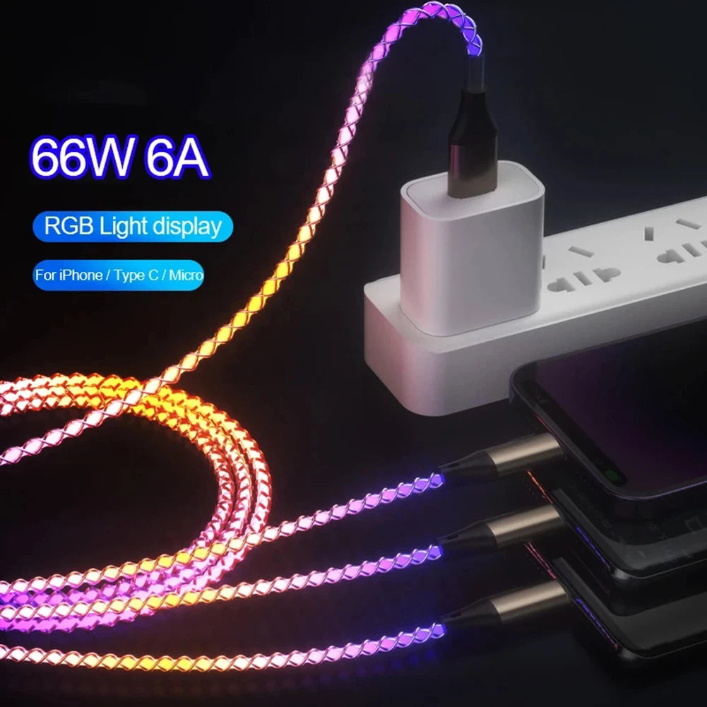 3 in 1 Glowing LED Light 6A 66W Fast Charging Micro USB Type C Cable For iPhone Samsung Xiaomi Redmi Phone Charger USB Cable