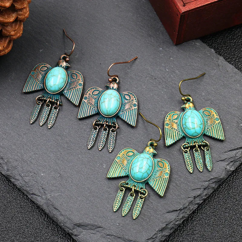 Ethnic Women's Pigeon Bohemian Earrings Vintage Bronze Gypsy Turquoises Jhumka Earrings Oorbellen