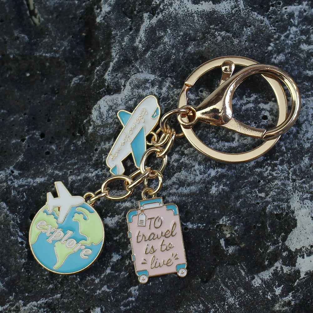 'To travel is to live' Trip Keychain Enamel Airplane Earth 'No Matter Where' Key Chain Trend Pendant Handmade Key Ring Jewelry ﻿