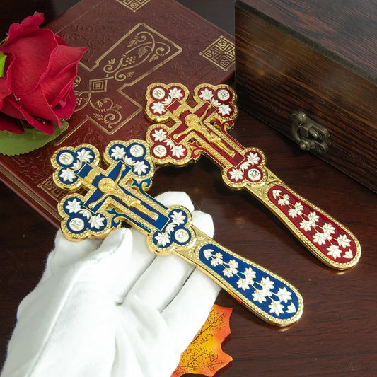 Orthodox Church Handle Blessing Church Cross Gold Plated Colorful Enamel Jesus Crucifix icon Cross With INRI For Prayer