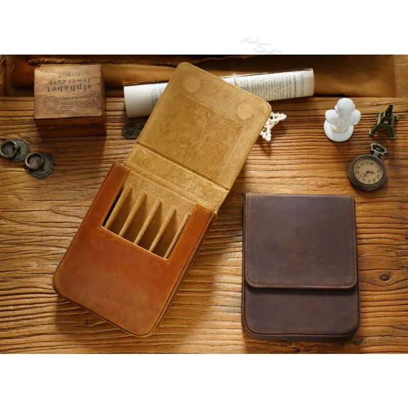 Crazy Horse Leather Pen Box Handmade Magnetic Drawer Style Student Pen Bag Storage Box Office Student Supplies