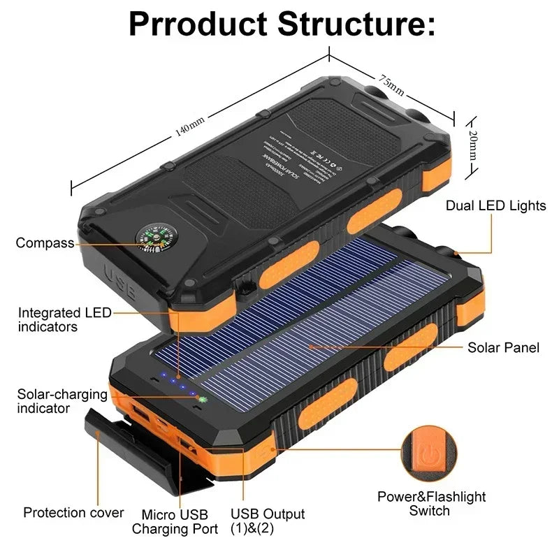 200000mAh Large Capacity Solar Power Bank Portable Outdoor Charger PowerBank External Waterproof Battery Charging with LED Light