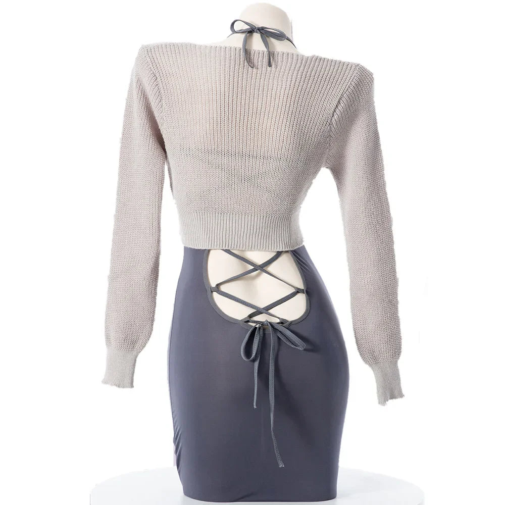 Fashion Casual Office Ladies Teacher Uniform Clothes Role Play Female Sexy Suspender Skirt Underwear Nightdress Sweater Suit Set